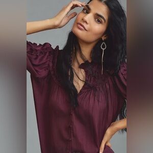 Anthropologie Smocked Peasant Blouse Plum Size Xsmall